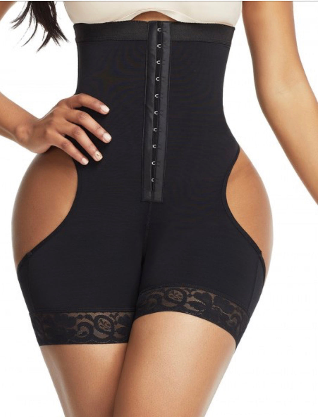 High Waist Cut-Out Butt Shapewear Shorts With Front Hooks